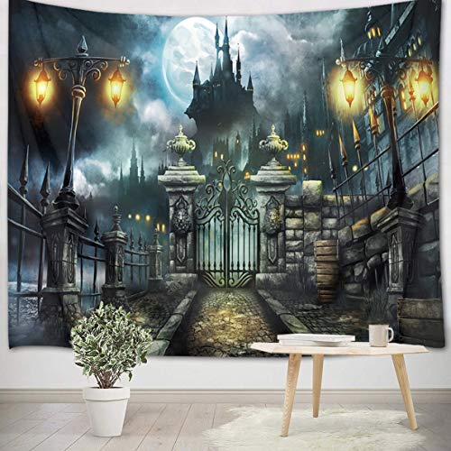 LB 235x180cm Wandteppich Halloween Wandtuch Vintage Schloss Wandbehang Vollmondnacht, Retro-Tor, Backsteinstraße Tapisserie für Wohnzimmer Schlafzimmer Wohnheim Wanddeko