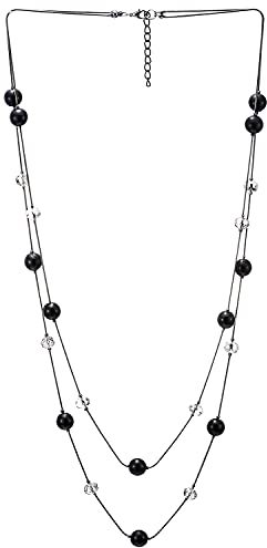 COOLSTEELANDBEYOND Schwarz Statement Halskette Zwei Strang Lange Kette mit Transparente Kristall Perlen Charme Anhänger, Modisch Abendkleid