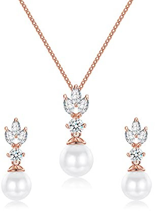 EPIRORA Bride Bridesmaid Jewellery Set for Women, Pearl Necklace Cubic Zirconia Earrings Set Wedding Promise Party Anniversary Birthday Gifts for Wife Mum Grandma, Rose Gold
