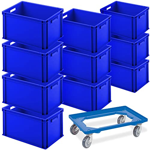 10 Eurobehälter, LxBxH 600x400x320 mm, Industriequalität, lebensmittelecht, blau + 1 Transportroller blau