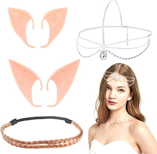 HOWAF Elfenohren Set, 2 Latex Ohren Spitzohren Feenohren + 2 Kopfkette Kopfschmuck Stirnband Haarband Weiche Spitzohren Elfen Kostüm Karneval Kostüm für Halloween Kostüm Anime Party Cosplay Zubehör
