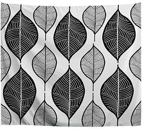 A.Monamour Wandteppich Blatt Muster Handgezeichnete Skizze Gekritzel Schwarz Und Weiß Stoff Tuch Tapisserie Wandbehang Wanddeko Wandkunst Wandbilder Wandtuch für Wohnzimmer Schlafzimmer 130x153cm