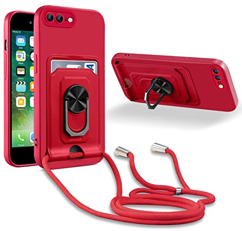 JMstore Coque Cordon de Collier Compatible avec iPhone 7 Plus/iPhone 8 Plus, 360°Anneau Support avec Fente Carte Protection de la caméra Silicone Case-Rouge