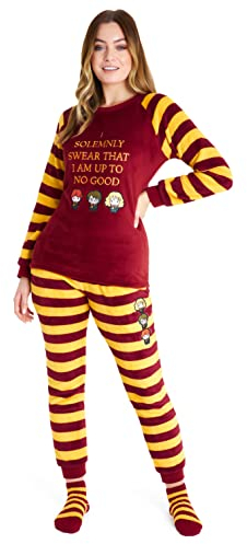Harry Potter Schlafanzug Damen Lang mit Socken Fleece Pyjama Set Hausanzug Damen Kuschelig (Rot/Gelb, M)