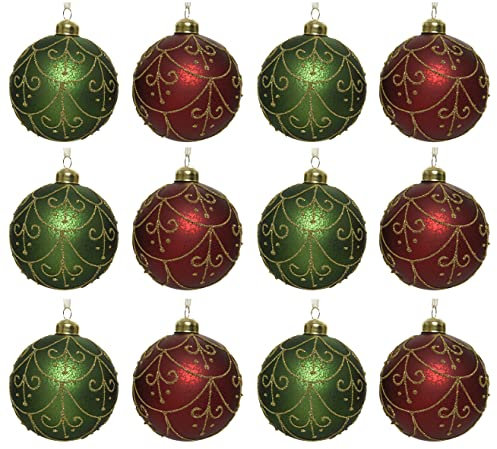 Kaemingk Weihnachtskugeln Glas 8cm x 12 Stück mit Ornamente Muster Christbaumkugeln rot grün Gold