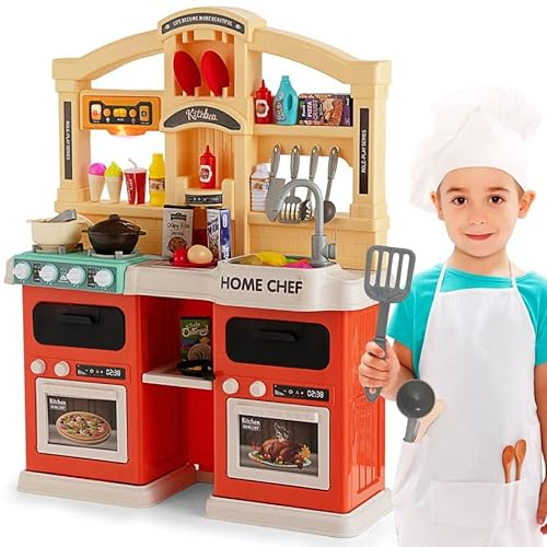 GYMAX Kids Kitchen Playset, Large Plastic Play Kitchen with Ovens, Cooker Hood, Storage Space, Cooking Accessories, Sounds, Music, Spray & Steam Effects, Toy Kitchen for 3 Years Old + (Orange)