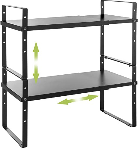 Across-Star Erweiterbares Schrankregal, Organizer, stapelbar, Küche, Arbeitsplatte, Organizer, Aufbewahrungsregale, verstellbare Höhe, Speisekammer, Thekenregal, Gewürzregal (Schwarz, 2 Stück)
