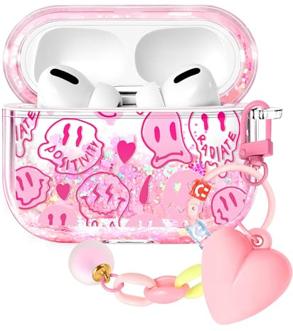 Kokaaee for Apple for Airpod Pro 2/1 Case - Kawaii Cute Girly Aesthetic Girls Women Protector Liquid Glitter Bling Sparkly Design Keychain Cover Funda for Air Pod Pro 2/1 Gen, Pink Smile