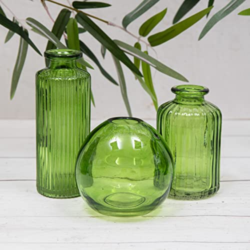 Set of 3 Emerald Green Vintage Glass Ribbed Bottle Flower Display Bud Vases
