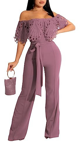 CutieLove Combinaison sexy à épaules dénudées pour femme - Style décontracté - Jambe large - Pantalon long - Combinaison une pièce avec ceinture, A-rose poudré, Large