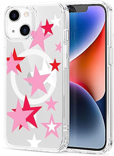 Idocolors for iPhone 14 Case Compatible with MagSafe, Magnetic Cute Pink Stars Design Clear Phone Cover for Girls Women Soft TPU Hard Back Shockproof Protective Case for iPhone 14