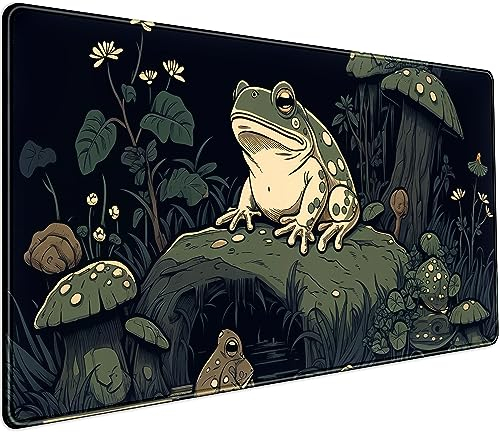 Kawaii Pilz Niedlicher Frosch Schreibtischunterlage Anime Gaming Mauspad Dunkelgrün Wald Mauspad XXL, große erweiterte Laptop-Tastatur Mauspad Schreibtischunterlage 80 x 40 cm, rutschfeste