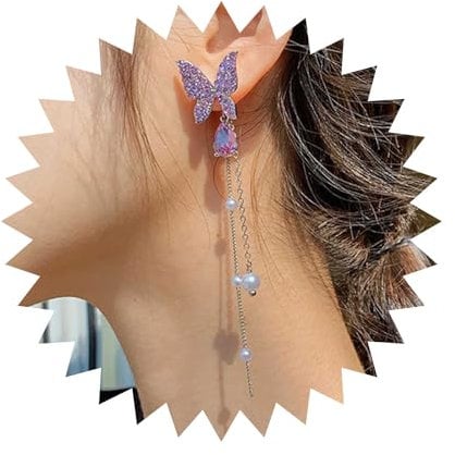 Wendalern Orecchini pendenti con perle lunghe Orecchini con farfalla con diamanti CZ Orecchini pendenti con goccia di cristallo viola Orecchini con piccola farfalla con perla Gioielli per donne