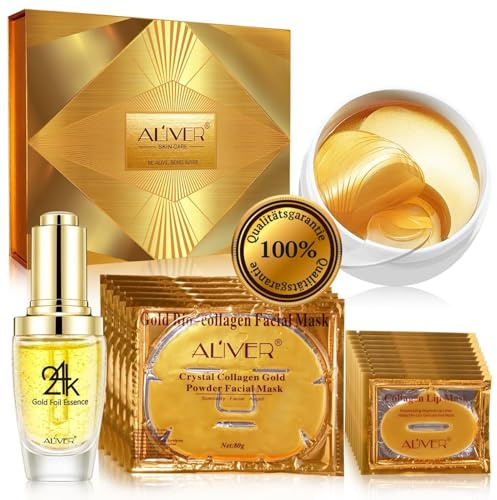 Geschenkset: Luxus Bio-Gold Set 24K Gold Collagen - 5x Gesichtsmaske, 10x Lippenmaske, Goldessenz Gesichts Serum, 60x Augenpads - Komplettes Gesichtspflege & Anti-Aging Geschenkset - 76 Pflegeprodukte