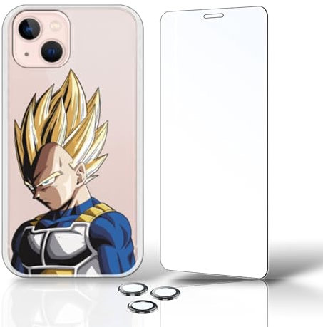 PERSONALAIZER Schutzhülle für iPhone 13 + Hartglas + Kameraobjektivschutz, Handyhülle für iPhone 13, originelles Design, Silikonhülle (Dragon Ball Z Vegeta Super Saiyant)