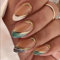 24pcs French Tip Short Almond Nails - Glitter Green White Tip Stick-on Press-on Removable Glue-on Fake Nails for Women Girls - Gold Swirl Nail Art Accessories