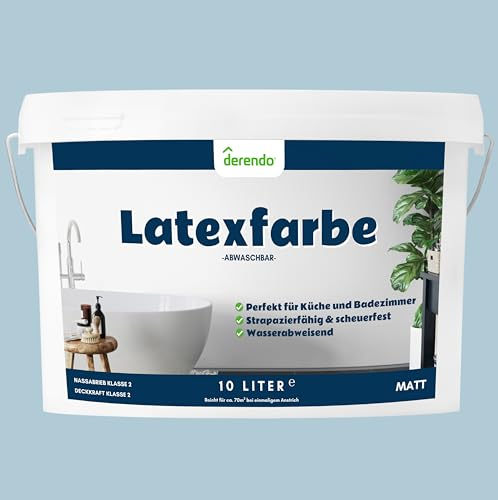 derendo Latexfarbe blau nebelblau matt abwaschbar 10 Liter für Innen Küche Badezimmer streichen blaue Wandfarbe hohe Deckkraft 10l