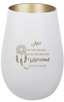 Der-Porzellan-Laden Windlicht mit Gravur Mut ist der Zauber, Weiß Gold, Teelichthalter aus Glas mit Spruch, Tischdeko modern