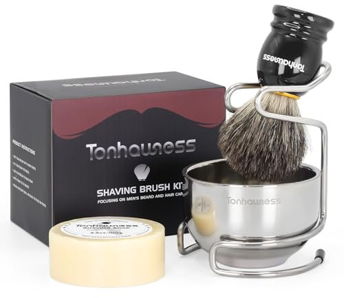 Tonhawness Kit di pennelli da barba da uomo, 4 in 1, include pennello da barba in pelo di tasso, ciotola da barba in acciaio inox, supporto e sapone da barba per rasatura