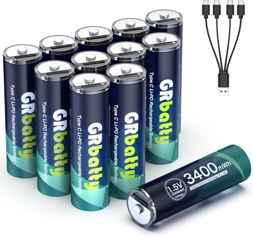 GRbatty Batterie ricaricabili AA 1.5V 3400mWh USB in 1 USB Tipo C Cavo di ricarica Batterie al litio 1500 Ciclo 12 Conteggio