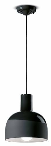 Licht-Erlebnisse Hängelampe Schwarz Keramik Schirm rund Ø 22,5 cm schmal E14 Retro Keramiklampe Pendelleuchte Esstisch Hängeleuchte Wohnzimmer Esszimmer