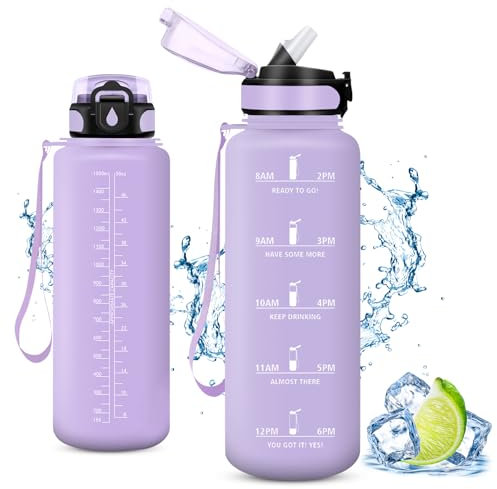 Vikaster Bouteille, Gourde avec Paille 1500ml, sans BPA, Étanche & Réutilisable, Water Bottle Ouvrir en Un Clic, Convient pour la Gym, Le Yoga, Le Camping, Randonnée
