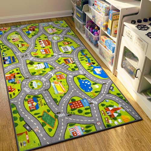 STARUIA Kids Carpet Playmat Rug, 60 x 32Ultra Non-Slip Car Rug Play Mat Learn and Have Fun Educational City Road Car Carpet for Kids, Washable Car Kid Rugs for Bedroom Boys Room Playroom Nursery