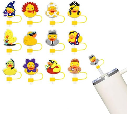 Cipszoely 12 PCS Straw Cover for Stanley Cup, Cute Silicone Yellow Duck Straw Cover Accessories for Stanley Cup, Reusable Soft Silicone Cartoon Funny Straw Cover for Meoky Cup 10mm Straws