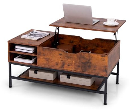 CASART Lift Top Coffee Table, Wood Center Table with Lift Up Top, Hidden Storage & Open Shelf, Modern Low Table Tea Table for Living Room Reception Room, 100 x 49 x (47-61) cm (Rustic Brown)