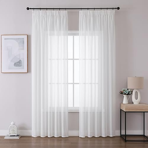 Joydeco 2er Set H225 x B140 cm Weiß Vorhänge für Schienensystem Transparent Vorhang Lang Gardinen mit Kräuselband Polyester Curtains Schlafzimmer