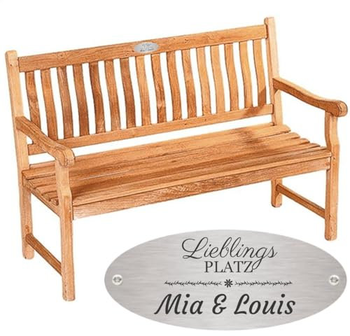 Sterngraf Hochzeitsbank mit Gravur-Schild zB. Lieblingsplatz (Namen), Teakholz Gartenbank Mendip 130cm, Edelstahlschild personalisiert, Geschenk zur Hochzeit/Vermählung