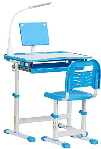 HOMCOM Kids Desk and Chair Set, Height Adjustable Study Desk with USB Lamp, Storage Drawer for Study, Blue and White