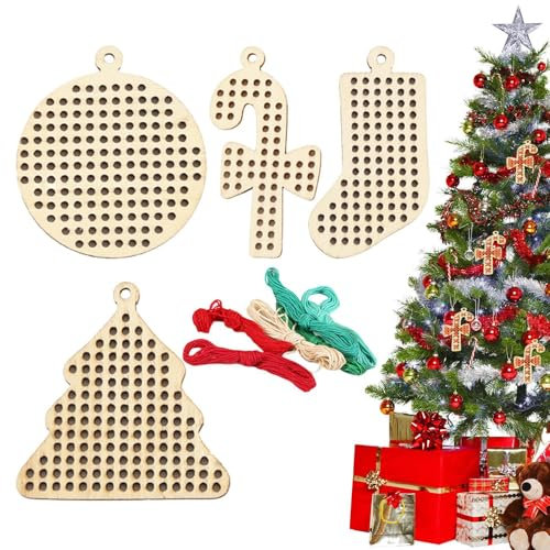 COMFOLIVING Nähen, Sticken, Ornament Für Weihnachtsbaum | Bunte Fäden-Anhängerdekoration Für Wand, Türklinke, Fenster, Kaminsims, Baum, Holzchip-Anhänger Für Weihnachtsbaum