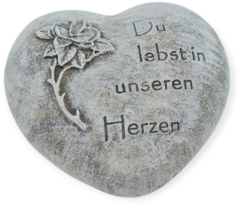 WB wohn trends Grab-Schmuck Herz zum Legen, Du lebst in unseren Herzen, Rose, Stein grau 7,5x7,5x3cm
