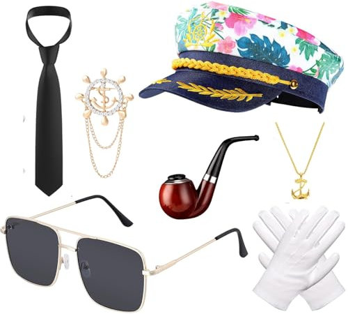 YFCJYBF 7 Stück Kapitän Hut Kapitänsmütze Kostüm set,Herren Ideal Kapitänsmütze Kostüm, Partyhut Marine Mütze Damen/Männer Marine Hut Kapitän Accessoires für Party Cosplay