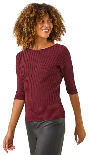 Roman Shimmer Ribbed Batwing Knit Jumper for Women UK Ladies Autumn Everyday Winter Holiday Slash Neckline Comfy 3/4 Sleeve Soft Metallic Fabric Top Office Desk