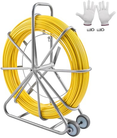 VEVOR Cinta de Pescado de Fibra de Vidrio de 200,09m Diámetro de 7,94mm Extractor de Cables con Varilla para Pasar Cables, Soporte de Carrete de Acero, 3 Cabezales de Extracción, Herramientas de Pesca