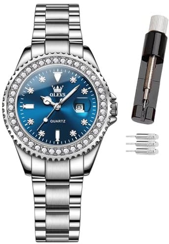 OLEVS Damen-Armbanduhr, kleines Handgelenk, Rotgold, Diamant-Zifferblatt, Quarzuhr, modisch, nachtleuchtend, wasserdicht, analoge Uhr für Frauen, Romantisches Geschenk für Freundin, 9945, Blaue