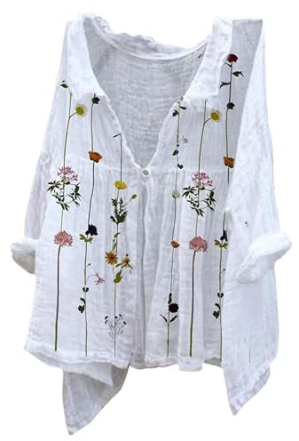 Angxiwan White Blouses for Women UK Cotton Linen Cardigan for Women Summer Long Sleeve Lightweight Jacket Elegant Print Button Shirts Plus Size Flowy Hem Linen Tops Gypsy Tops