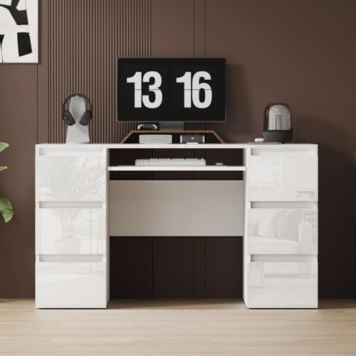 LSLIFE Weißer Hochglanz Schreibtisch mit 6 Schubladen – 120x50x70 cm Multifunktions-Schreibtisch für Homeoffice, Schminktisch & Computertisch mit Soft-Close Funktion