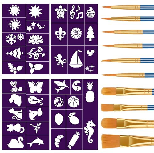 Alaoo Halloween Tattoo Schminke Set,Tattoo Schminken Werkzeuge Set für Kinder Erwachsene mit 4 Tattoo Schablone,10 Pinsel,Wiederverwendbare Schablonen Kit für Party,Fasching,Weihnachten Halloween,Lila