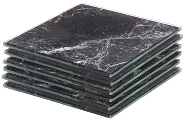 Harbour Housewares Square Glass Coasters - 10cm - Black Marble - 6x Home Kitchen Living Room Office Bedroom Coffee Dining Dinner Table Décor Cup Candle Vase Holder Placemats Place Mat Accessories Set