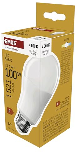EMOS - LED-Lampe BASIC A60 - E27 Sockel - Neutralweiß - 1521 lm - 15,3W (Ersatz für 100W Glühbirne) - Lebensdauer 20 000 Stunden - Abstrahlwinkel 200° - CRI min. 80