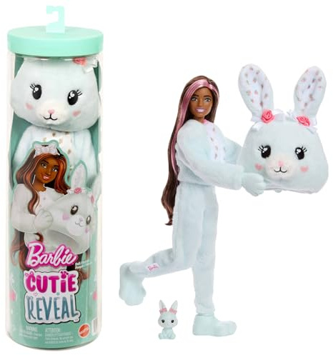 Barbie Cutie Reveal Doll & Accessories, Cuddly Series Bunny | with 10 Surprises Including Color Change & Mini Pet, JJP65