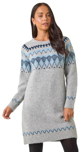 Roman Thick Jumper Dress for Women UK Ladies Fairisle Aztec Knitted Knit Sweater Knitwear Autumn Winter Holiday Round Neck Long Sleeve Soft Knee Length Sweat Warm - Petite Grey Blue - Size 16