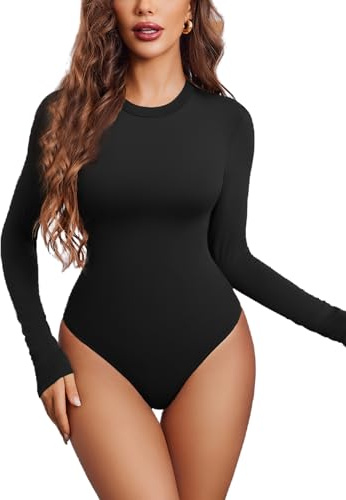 Avidlove Bodysuits for Women Long Sleeve Crew Neck Bodysuits Elegant Blouse Snap Crotch Shirt Sexy Trendy Outfit for Going out Top Black M