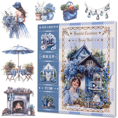 Bullet Journal Sticker Set für Erwachsene, 50 Blatt Washi Sticker mit über 400 Designs, Scrapbook Aufkleber für Journaling, Planner, blaue Vintage & Cottagecore Sticker mit Blumen und Schmetterlingen