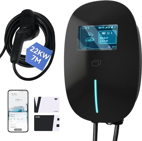 Fullwatt Wallbox 22kW mit APP RFID Typ 2 7M 3-Phasig für Alle EVs und PHEVs | EV Ladegerät 400V 6-32A mit LCD und Ladegerätehalter, EMV‑Funktion, Geplante Ladung IP54, Fehlerstrom‑Schutzfunktion Schwarz