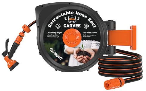 Schlauchtrommel Wasser Mit Gartenschlauch 30m, Schlauchaufroller Mit 10-Funktionen Handbrause, 180° Schwenkbarer, Wandmontage Schlauchbox Mit Automatisches Aufrollen Für Gartenbewässerung, Autowäsche