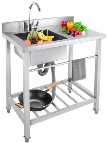 Fregadero de cocina independiente de acero inoxidable, fregadero con encimera, fregadero comercial con estante y toallero, salpicadura, grifo de 360 grados, para restaurante y cocina, 80 x 55 x 84 cm